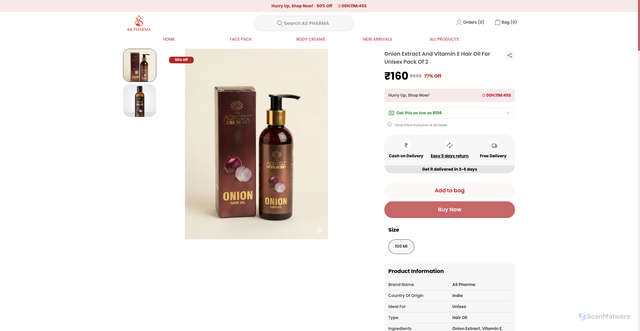 Security scan screenshot of https://aspharma.online/Onion-Extract-And-Vitamin-E-Hair-Oil-For-Unisex-Pack/catalogue/lVU6SqYN/0skl3eks