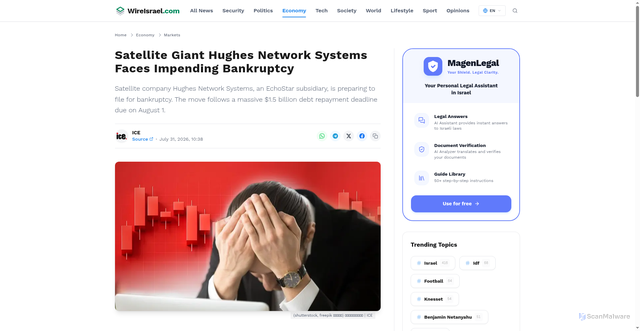 Security scan screenshot of https://wireisrael.com/news/le-gant-du-satellite-hughes-network-systems-au-bord-de-la-faillite-31