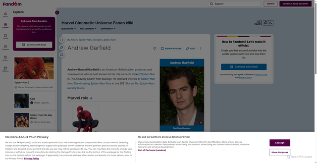 Security scan screenshot of https://mcuf.fandom.com/wiki/Andrew_Garfield