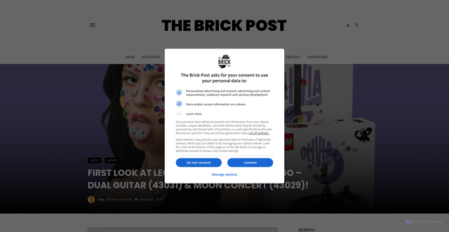 Security scan screenshot of https://www.thebrickpost.com/news/first-look-at-lego-editions-olivia-rodrigo-dual-guitar-43031-moon-concert-43029/
