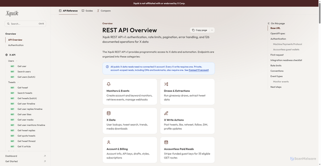 Security scan screenshot of https://docs.xquik.com/