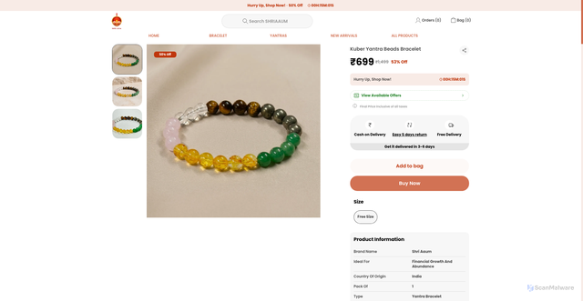 Security scan screenshot of https://shriaaum.store/Kuber-Yantra-Beads-Bracelet/catalogue/sXVT3eTx/SXB5L5zw