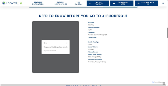 Security scan screenshot of https://www.traveltv.com/explore-destinations/north-america/united-states/new-mexico/albuquerque/