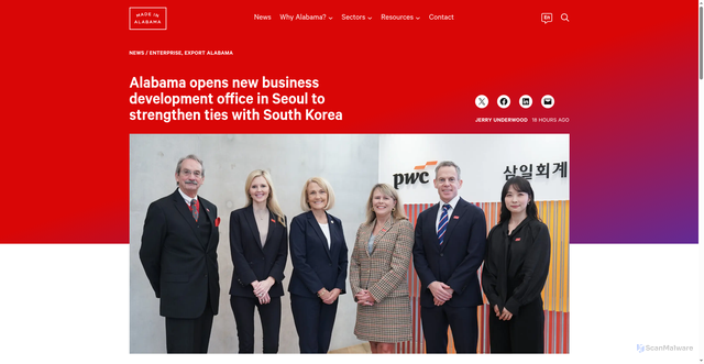 Security scan screenshot of https://www.madeinalabama.com/2025/11/alabama-opens-new-business-development-office-in-seoul-to-strengthen-ties-with-south-korea/