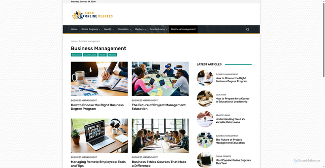 Security scan screenshot of https://earnonlinedegrees.com/category/business-management/