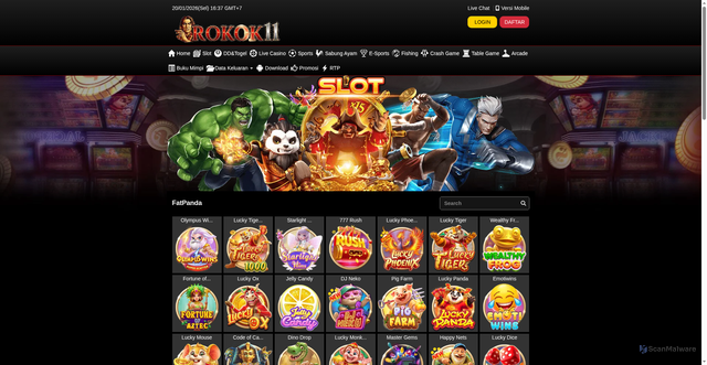 Security scan screenshot of https://xn--rokok11-vb4nu24b.xn--mk1bu44c/desktop/game/slot/fatpanda