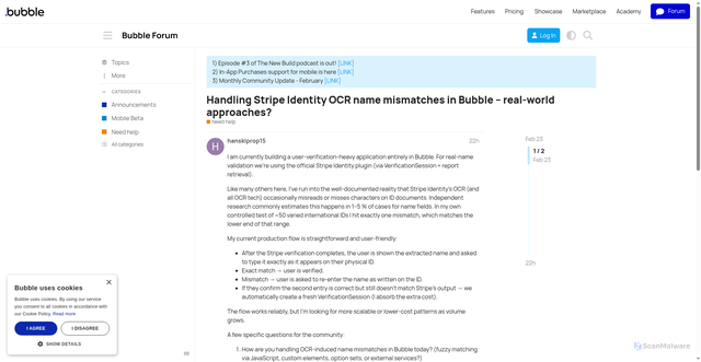 Security scan screenshot of https://forum.bubble.io/t/handling-stripe-identity-ocr-name-mismatches-in-bubble-real-world-approaches/391941