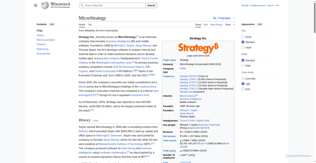 Security scan screenshot of https://en.wikipedia.org/wiki/MicroStrategy