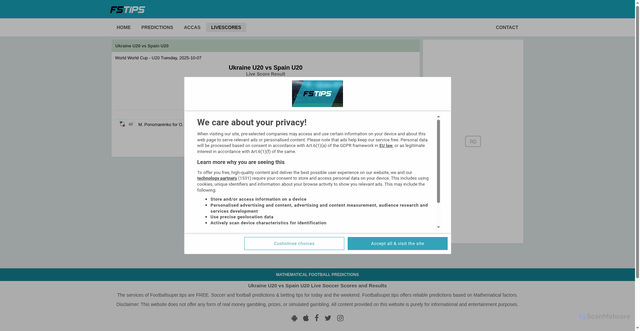 Security scan screenshot of https://www.footballsuper.tips/live-scores/1480420-game-ukraine-u20-vs-spain-u20-live-soccer-scores-and-results/