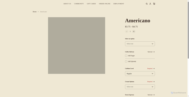Security scan screenshot of https://www.beansncreamcoffeehouse.com/product/americano/422