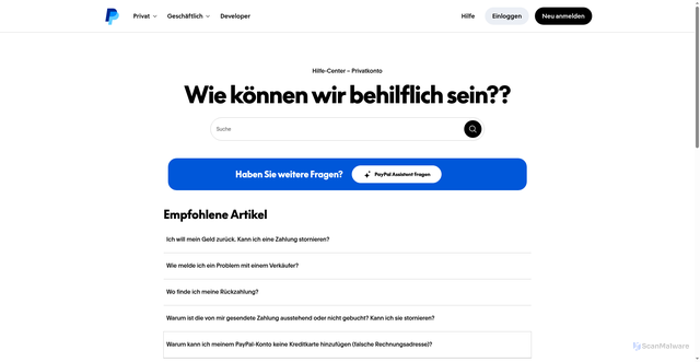 Security scan screenshot of https://www.paypal.com/de/cshelp/personal
