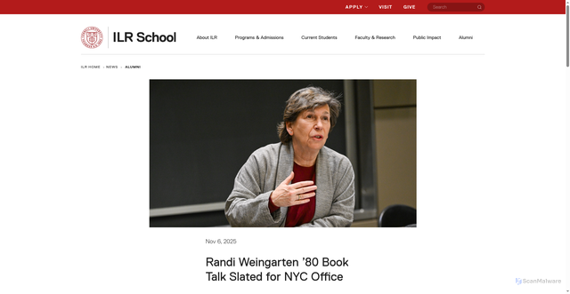 Security scan screenshot of https://www.ilr.cornell.edu/news/alumni/randi-weingarten-80-book-talk-slated-nyc-office