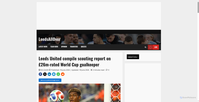 Security scan screenshot of https://www.leedsallover.com/leeds-united-interested-in-parma-japan-goalkeeper-zion-suzuki/