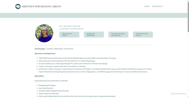 Security scan screenshot of https://midtownpsychologygroup.com/melanie/