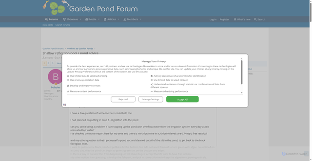 Security scan screenshot of https://www.gardenpondforum.com/threads/shallow-reflection-pool-pond-advice.31125/