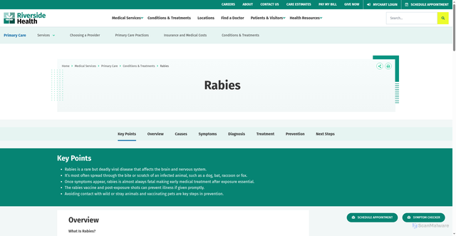 Security scan screenshot of https://www.riversideonline.com/en/medical-services/primary-care/conditions/rabies