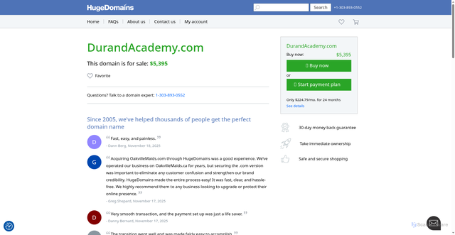 Security scan screenshot of https://www.hugedomains.com/domain_profile.cfm?d=durandacademy.com