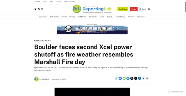 Security scan screenshot of https://boulderreportinglab.org/2025/12/18/boulder-faces-second-xcel-power-shutoff-as-fire-weather-resembles-marshall-fire-day/