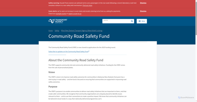 Security scan screenshot of https://www.nzta.govt.nz/safety/what-new-zealand-transport-agency-waka-kotahi-is-doing/community-road-safety-fund