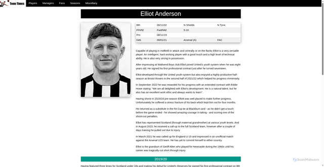 Security scan screenshot of https://nufc-history.co.uk/profiles/2020s/Elliot-Anderson.html