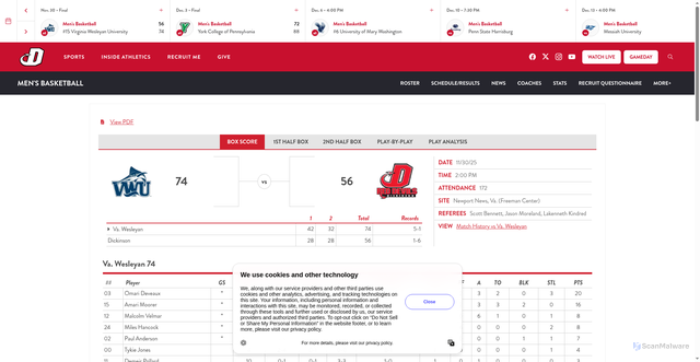 Security scan screenshot of https://dickinsonathletics.com/sports/mens-basketball/stats/2025-26/virginia-wesleyan-university/boxscore/7183