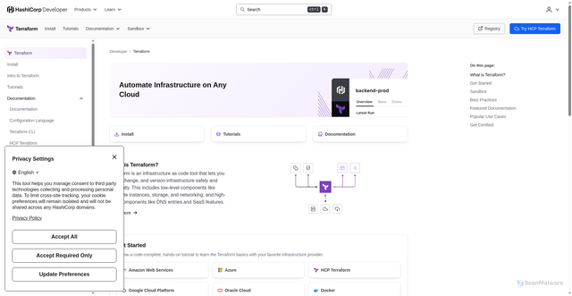 Security scan screenshot of https://terraform.io