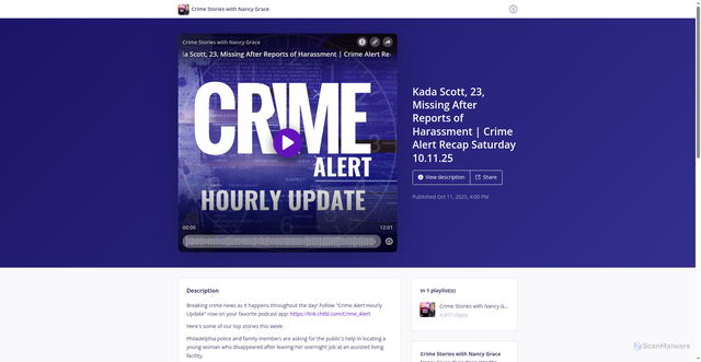 Security scan screenshot of https://omny.fm/shows/crime-stories-with-nancy-grace/kada-scott-23-missing-after-reports-of-harassment-crime-alert-recap-saturday-10-11-25