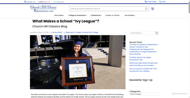 Security scan screenshot of https://www.diplomaframe.com/chc-blog/what-makes-a-school-ivy-league/?srsltid=AfmBOoqhhuiBd_M0_zCKapYEpPo3opOlb1y3Mf83Gp-k1tVbI50sXYed