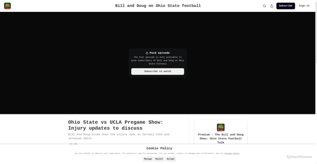 Security scan screenshot of https://billanddougosu.substack.com/p/ohio-state-vs-ucla-pregame-show-injury