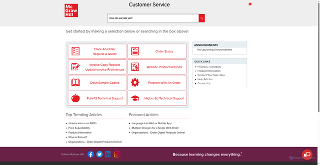 Security scan screenshot of http://www.mheducation.com/customerservice