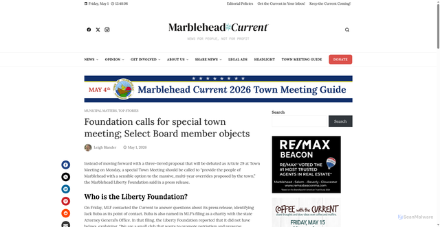 Security scan screenshot of https://marbleheadcurrent.org/2026/05/01/foundation-calls-for-special-town-meeting-select-board-member-objects/