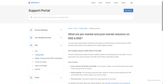Security scan screenshot of https://support.zerodha.com/category/trading-and-markets/trading-faqs/market-sessions/articles/what-are-pre-market-and-post-market-sessions-and-orders