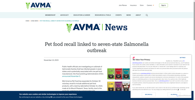 Security scan screenshot of https://www.avma.org/news/pet-food-recall-linked-seven-state-salmonella-outbreak