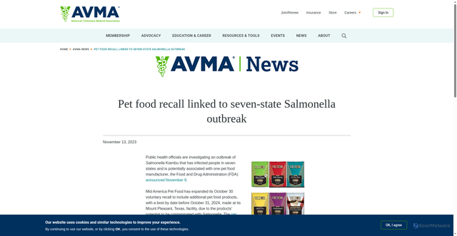 Security scan screenshot of https://www.avma.org/news/pet-food-recall-linked-seven-state-salmonella-outbreak