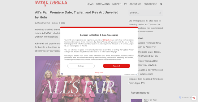 Security scan screenshot of https://www.vitalthrills.com/alls-fair-premiere-date-trailer-key-art/