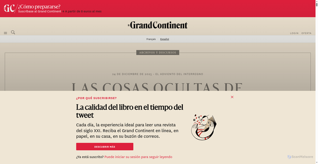 Security scan screenshot of https://legrandcontinent.eu/es/2025/12/24/las-cosas-ocultas-de-peter-thiel/