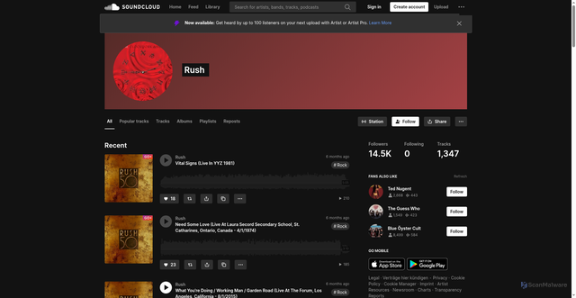 Security scan screenshot of https://soundcloud.com/rush-official