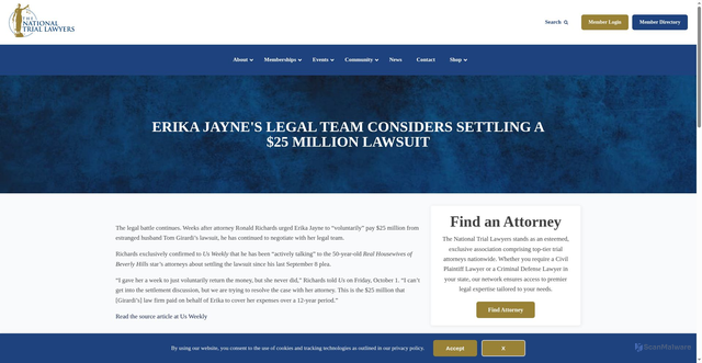 Security scan screenshot of https://thenationaltriallawyers.org/article/erika-jayne-s-legal-team-considers-settling-a-25-million-lawsuit/