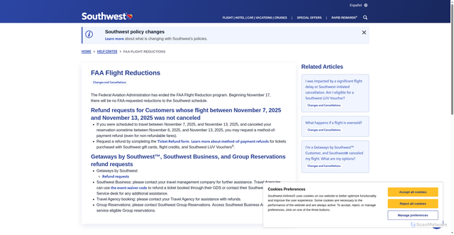 Security scan screenshot of https://support.southwest.com/helpcenter/s/article/faa-flight-reductions