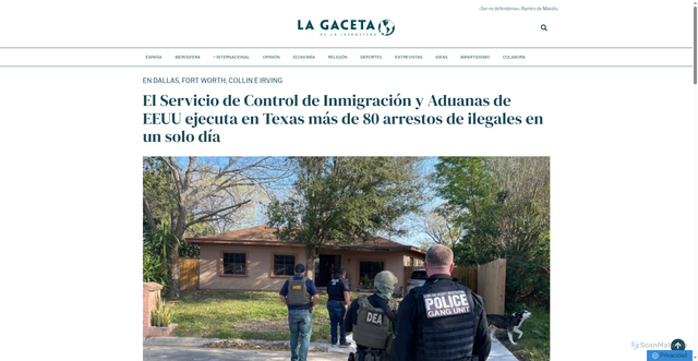 Security scan screenshot of https://gaceta.es/estados-unidos/el-servicio-de-control-de-inmigracion-y-aduanas-de-eeuu-ejecuta-en-texas-mas-de-80-arrestos-de-ilegales-en-un-solo-dia-20250127-2139/