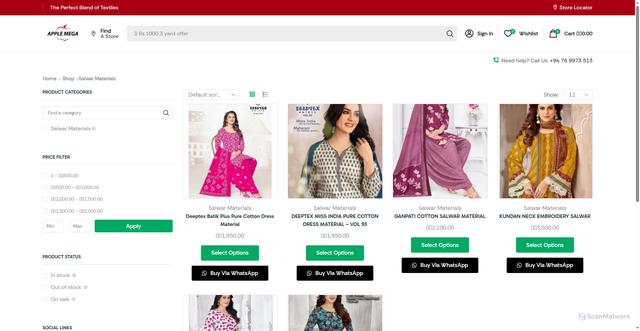 Security scan screenshot of https://appletex.lk/product-category/salwar-materials/