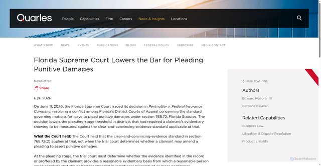 Security scan screenshot of https://www.quarles.com/newsroom/publications/florida-supreme-court-lowers-the-bar-for-pleading-punitive-damages