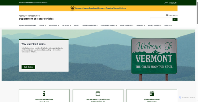 Security scan screenshot of https://dmv.vermont.gov/node/1