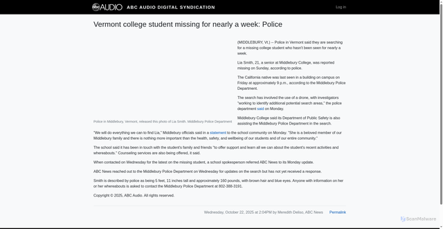 Security scan screenshot of https://digital.abcaudio.com/news/vermont-college-student-missing-nearly-week-police