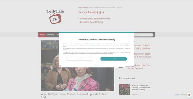Security scan screenshot of https://telltaletv.com/2025/10/what-to-expect-from-elsbeth-season-3-episode-1-yes-and/