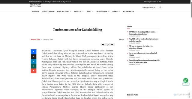 Security scan screenshot of https://www.nation.com.pk/11-Aug-2009/tension-mounts-after-dakaits-killing