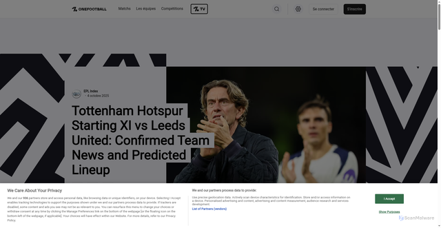Security scan screenshot of https://onefootball.com/fr/news/tottenham-hotspur-starting-xi-vs-leeds-united-confirmed-team-news-and-predicted-lineup-41758915