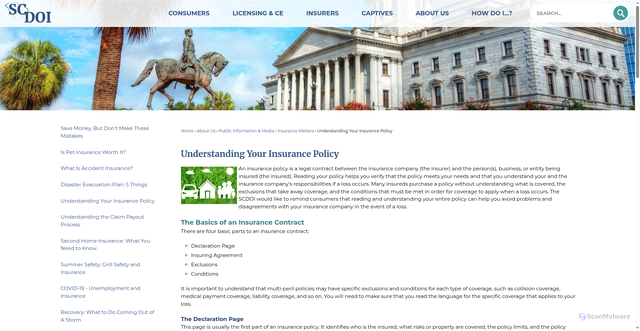 Security scan screenshot of https://doi.sc.gov/957/Understanding-Your-Insurance-Policy