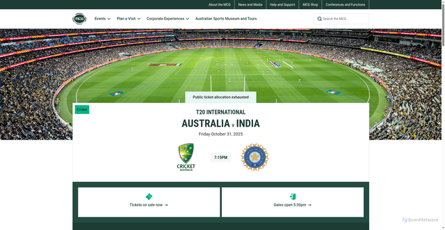 Security scan screenshot of https://www.mcg.org.au/events/2025/october/t20-international---australia-v-india