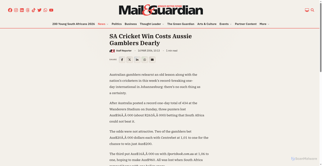 Security scan screenshot of https://mg.co.za/news/south-africa/2006-03-14-sa-cricket-win-costs-aussie-gamblers-dearly/
